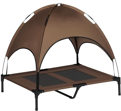 PawHut Erhöhtes Hundebett mit Baldachin Outdoor Kaffee 92 x 76 x 90 cm | Haustierbett, Hundeliege Outdoor mit Dach, Atmungsaktiv Sonnenschutz, Taftstoff, Camping