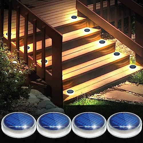 YiLaie Solar Deck Lights Outdoor Waterproof, Garden Driveway Walkway Pathway Ground Step Dock Lights Solar Powered, LED Solar Lighting for Backyard Patio Lawn, Warm White