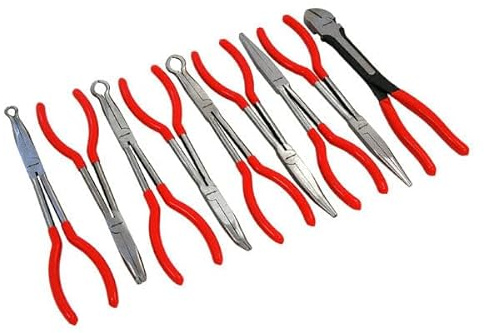Neilsen CT5333 9pc Long Nose/Hose Ring Pliers Set - Size: 280mm | Circle Nose: 8,13,19mm Diameter | Needle Nose: Straight, Offset, 45 and 90 Degree | Diagonal Cutters | PVC Dipped Handles