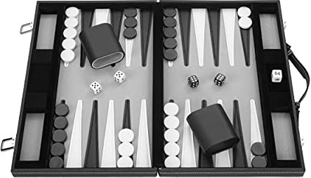 Engelhart - 250515 - Backgammon - 15 Pouces - 36 x 48 cm - Valise Portable - Simili Cuir & Feutre Surpiqués - Noir/Blanc/Gris - Jeu de Stratégie - Jeux de Backgammon