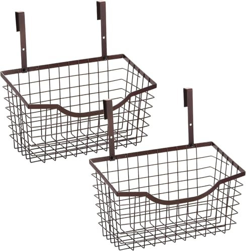 WUWEOT 2 Pack Grid Storage Baskets with Hooks, Over Cabinet Door Organizer, Wire Basket Hanging Storage Organizer Steel Wire Sink Organization for Kitchen & Bathroom, Holds Shampoo, Body Wash, Bronze