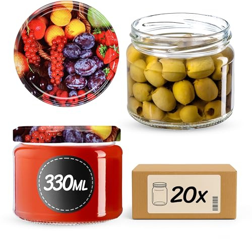 KADAX Lot de 20 bocaux en Verre 330ml Ø82 à Pois Rouges – Couvercle Twist-Off hermétique TO82 – pour confitures, conserves, cornichons, Miel & Fermentation