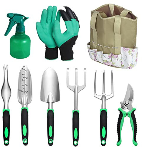 eROOSY 9PCS Kit di Attrezzi da Giardinaggio con i Guanti da Giardinaggio, Set di Attrezzi da Giardino, Regalo da Giardino per Donna, Genitori, Giardinier
