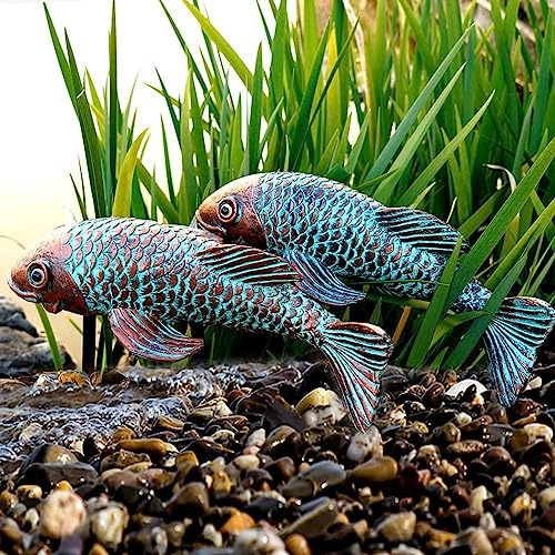 Garten-Skulpturen und Statuen, Gartenstatuen, Koi-Fisch-Dekor, Set mit 2 antiken Keramik-Koi-Fisch-Gartenstatue, Fischskulptur, Terrassendekoration, Hinterhof und Heimküchendekoration