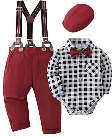 Amissz Baby Jungen Anzug Bekleidungssets, 4tlg Hochzeit Festliche Taufanzug Strampler mit Fliege+ Langarm Hemd + Hosenträger Hosen Kariert, 3-6 Monate