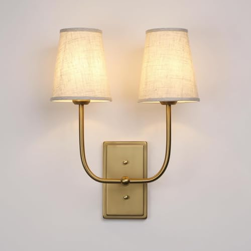 JIMUBEAM Vintage 2-Lights Wall Sconces with Funnel Linen Fabric Shades, Double Head Bathroom Vanity Lights Fixture, Indoor Wall Lamps for Bedroom Living Room Hallway Stairway