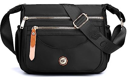 FANDARE Ultraleicht Damen Umhängetasche Nylon Schultertasche Handtaschen Elegant Umhängetasche mit verstellbarem breitem Riemen Frauen zum Umhängen Damentasche Multi-Tasche Messenger Bag Schwarz