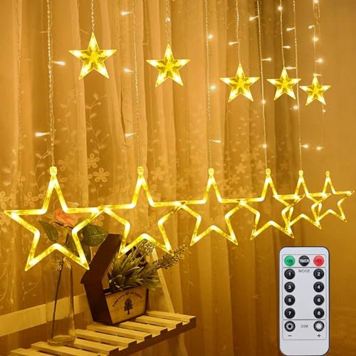 Fohil LED Sterne Lichterkette, 126 LED Lichtervorhang mit Stern Ramadan deko Außen 8 Modi Fenster Lichterkette Innen, Ramadan Lichterkette für Innen Außen,Balkon,Party, Hochzeit Fenster Deko Warmweiß