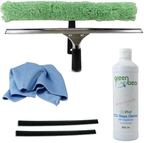 GBPro Professioneller Fensterabzieher aus Edelstahl, 45 cm + T-Stange und Mikrohülse, Glasreiniger 500 ml, Fischschuppen-Mikroglas-Tuch, Gummiklinge