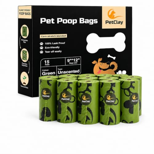 Petclay Hundbajspåsar biologiskt nedbrytbara, 100 % läckagesäkra och tjocka hundbajspåsar med dispenser – extra tjock hundbajspåse (225)