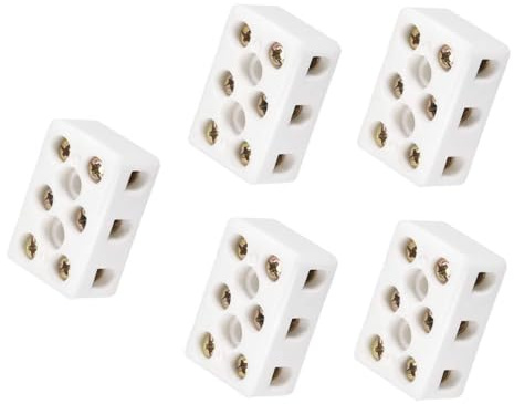 MACHSWON Morsettiere in ceramica a 3 vie per cavo elettrico, connettori in ceramica porcellanata ad alta temperatura 10A, 3 posizioni 8 fori morsettiere per cablaggio in ceramica 31 x 20 x 14,5 mm, 5