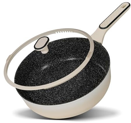 STONELINE Schmorpfanne 28 cm Antihaft Pfanne hoher Rand, Tiefe Pfanne mit Deckel Induktionspfanne Beschichtet mit echten Steinpartikeln, alle Herdarten und Backofen, ohne Fett und Öl braten, Creme