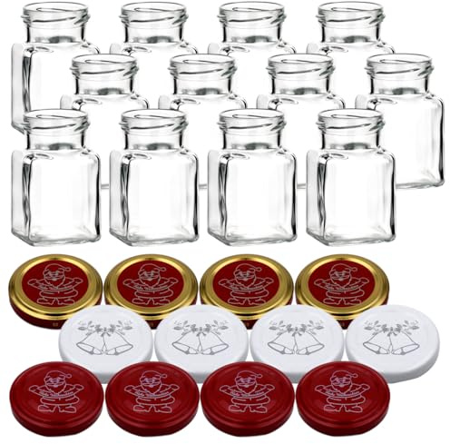 gouveo 12er Set Einmachgläser 150 ml (0,15 l) mit Schraubverschluss Weihnachten Set 3 - Eckige Gläser mit farbigen Motiv-Deckel - Schraubglas für Weihnachten