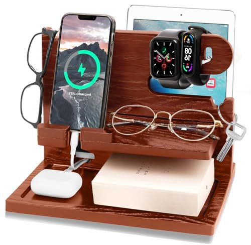 Handy Holz Dockingstation, Anruf Telefon Dockingstation, Schlüsselhalter, Uhr Organiser, hölzerne Desktop Storage Station für Airpods, Geschenk für Papa, Mann, Weihnachten, Workaholics (braun 2)