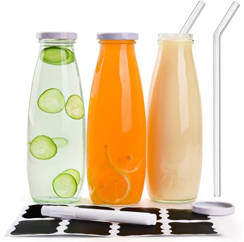 Lot de 3 bouteilles de lait en verre transparent avec couvercles, 500 ml réutilisables avec pailles en verre pour lait, jus, smoothies, kombucha, confiture et eau