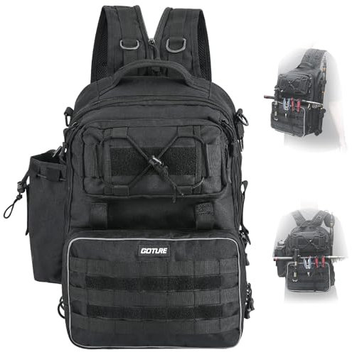 Goture Angelrucksack, Angelzubehör-Rucksack mit Rutenhalter, Tasche für Salzwasser-Angelausrüstung, Umhängetasche für den Außenbereich Schwarz