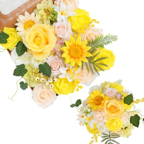 Kisflower Conjunto de flores artificiales de dalia falsa con tallos para manualidades, ramo de novia, fiesta, decoración del hogar (amarillo)