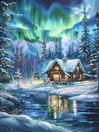 MOMAKA 5D Diamond Painting Kits Norrsken för vuxna, gör-det-själv 5D diamantmålningssatser Vinterhus Full Drill for Beginners, Rund Borr DIY Crystal Picture Art for Home Wall Decor 30x40 cm