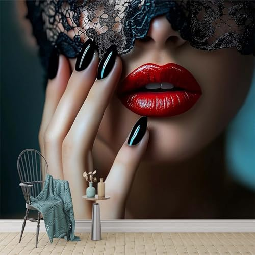 Générique Papier peint intissé Lèvres Rouges Et Masque De Fête En Dentelle Noire 250 x 175 cm Toison Mur XXL Muraux Tapisserie Photo Décoration Murale Salon Chambre Belle Femme Sexy Photo Murale