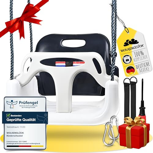 WOLKENGLÜCK® Babyschaukel 3 in 1 [6 Monaten bis 6+ Jahre] - Mitwachsende Kinderschaukel für Outdoor & Indoor - Hochwertige Schaukel inkl. Rückenlehne & Anschnallgurt (Grau)