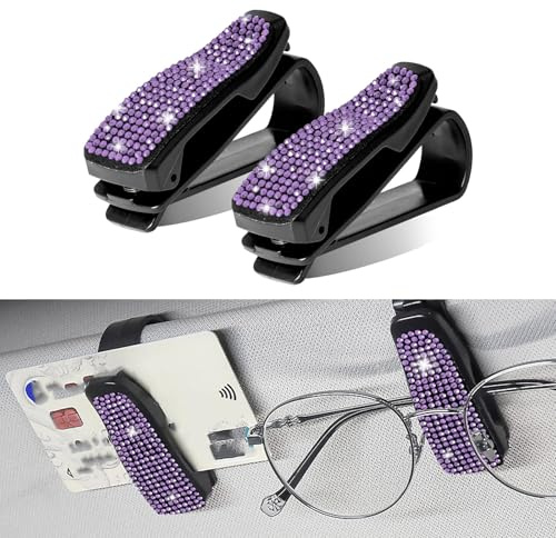 x xotic tech Glasses Holders for Car Sun Visor, 2 Pack Fashion Bling Crystal Rhinestones Car Eyeglasses Sunglasses Hanger Mount with Ticket Card Clip (Purple)