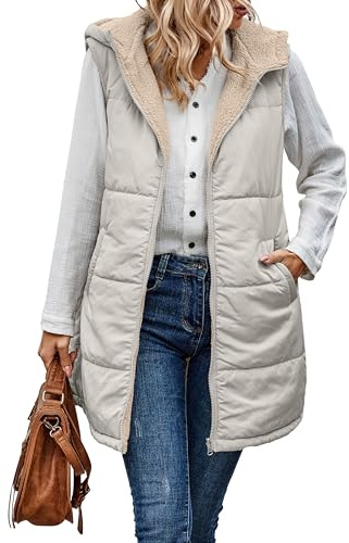 Famulily Ladies Quilted Longline Gilet Sleeveless Zip Up Reversible Jacket Sherpa Hoodie Coat Fluffy Bodywarmer Khaki S