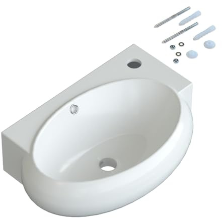 Keramik Waschbecken Bad Oval Hängend Klein 44x29x13,5cm | mit Überlauf und Hahnloch ohne Unterschrank Weiß Wandmontage Handwaschbecken Ultradünner Rand