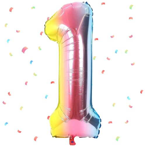 Regenbogen Luftballon 1,Zahlen Luftballon Regenbogen,40 Zoll Bunt Folienballon 1，101cm Sandweiß Zahlenballon 1 Helium Ballon Luftballon 1 Geburtstag für 1 Jahre Geburtstagsdeko Kinder Mädchen Junge