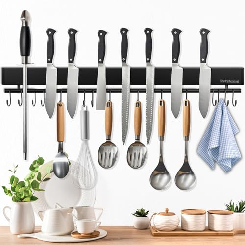 Rekehome Magnetic Knife Holder, 59cm Black Magnetic Knife Strip with 15 Hooks