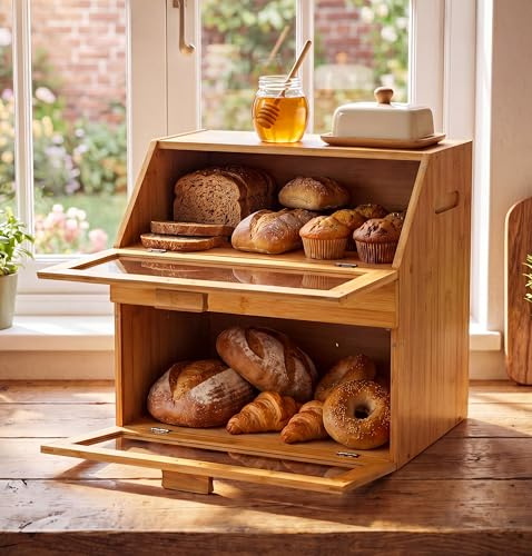 Maison Des Cadeaux Large Bamboo Bread Bin Loaf 3 Compartment Double Layer Storage Rack Box With Drawer