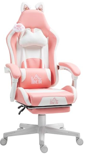 HOMCOM Sedia Gaming Ergonomica con Orecchie da Gatto, Poltrona Gaming Ufficio Reclinabile in Finta Pelle con Poggiapiedi, Poggiatesta e Altezza Regolabile, Supporto Lombare e Cervicale, Rosa