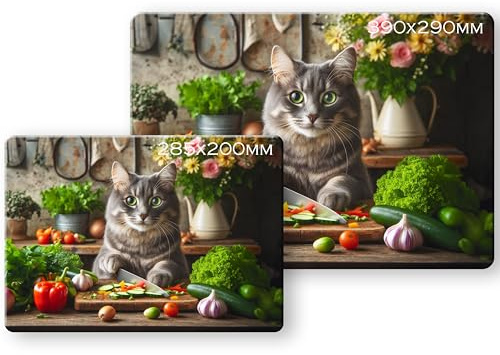 Noble & Page - Tabla de cortar de vidrio templado - Tabla de cortar texturizada de 285 x 200 mm - Gato de cocina atigrado gris