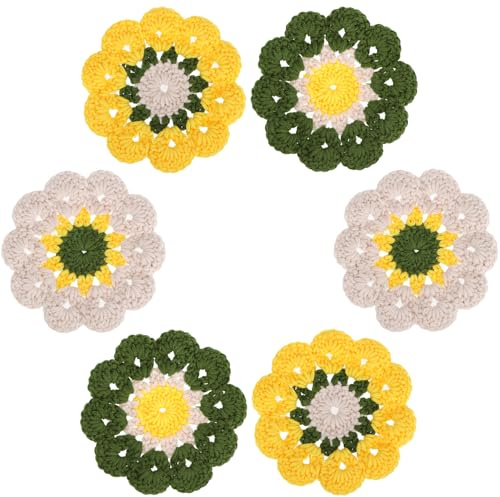 kilofly Set di 6 sottobicchieri a forma di fiore all'uncinetto per bevande, 12 cm, centrini fatti a mano