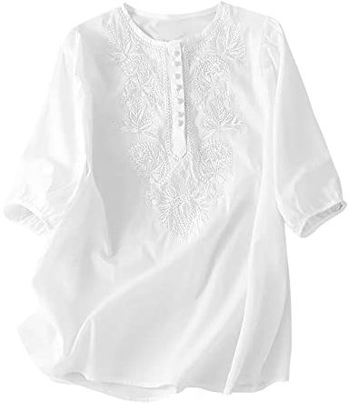 Blouse Femme Chic et Élégant Brodee Chemisier Coton et Lin Col Rond Haut D'été Respirant Blouse à Manches Courtes Couleur Unie Été Chemisier avec Boutons Coupe Ample Haut Décontracté