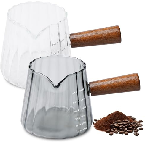 2 tazas de café con mango de madera, 180 ml, vasos de café con forma de V, vaso medidor de cristal con tapa, vaso medidor de cristal con mango de madera, vaso de café expreso con mango de madera para