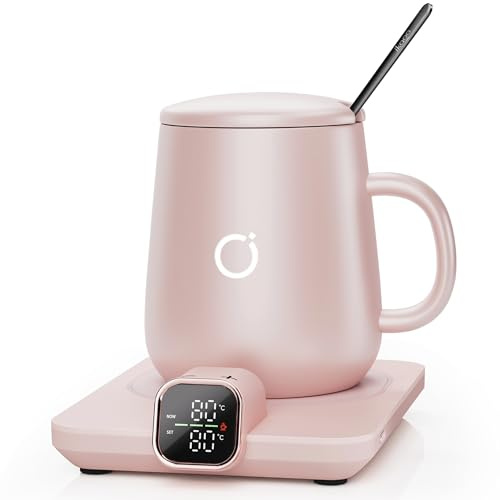 Coffee Cup Warmer & iKago Mug Set, 1℃ Precise Temp Control Mug Warmer | Auto Shut Off, Infrared Sensor, Dual Temp Display, ℉/℃ Optional, 15oz Mug with Spoon & Lid Included, Gifts for Men Women