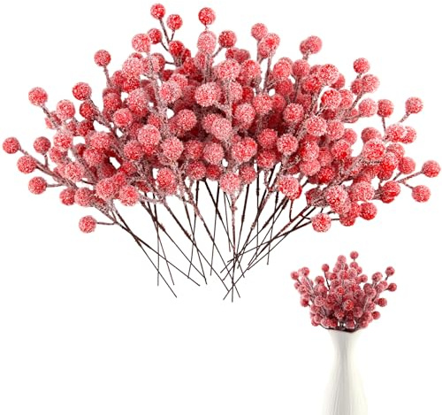 OMIGA 24 Stück Künstliche Beeren 21cm Kunstblumen Weihnachten Rote Beeren | für die Herstellung von Weihnachtskränzen zum Selbermachen von Christbaumschmuck Winter Deko (Rot)