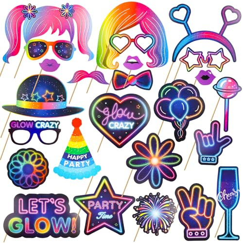 Yooyan 25 Stück Fotobox Accessoires Neon, Requisiten Glow, Party Zubehör, Fotobox Accessoires für Geburtstag, Karneval, Hochzeit, Weihnachtsparty, Disco Party Zubehör Deko Gadgets
