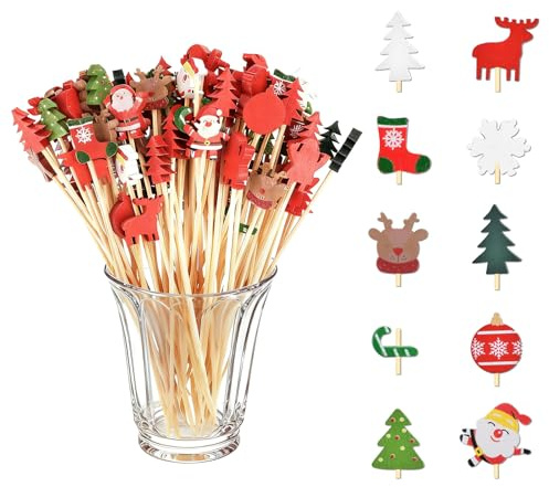 Koxtyzo 200 Piezas Palillos de Cóctel Navidad, Pinchos Decorativos Cócteles Navideños, 12cm Palillos de Dientes de Cóctel para Aperitivo Frutas Sándwich, Suministros Fiestas de Navidad