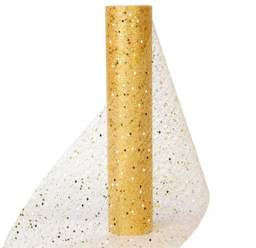 Muwodkdn Chemin de Table Noel Non Tissé 30CM x 10Yards Organza Tulle Rouleau Bobine avec Paillettes Ruban De Table Décoratif Réutilisable pour Fête Anniversaire Mariage Noël Décoration Sapin Doré