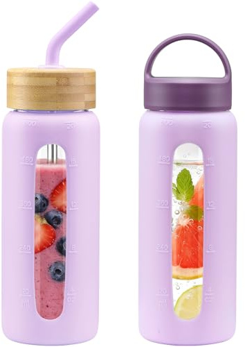 HYDRAGLAZIC Bouteille d'eau en Verre, Gourde en Verre Hermétique 600 ml et 2 Couvercles, Gourde Réutilisable en Verre Borosilicate, Sans BPA, pour Enfant, Adulte Fitness, Maison, Bureau, Violet