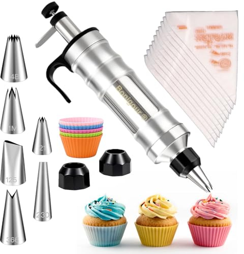 Bonigour Dessert Decorating Syringe Set | Frosting Piping Kit Decorating Tools 6 Piping Icing Nozzles | Icing Piping Kit Stainless Steels 5 Silicone Cupcakes & 100 Disposable Piping Bags (Black)