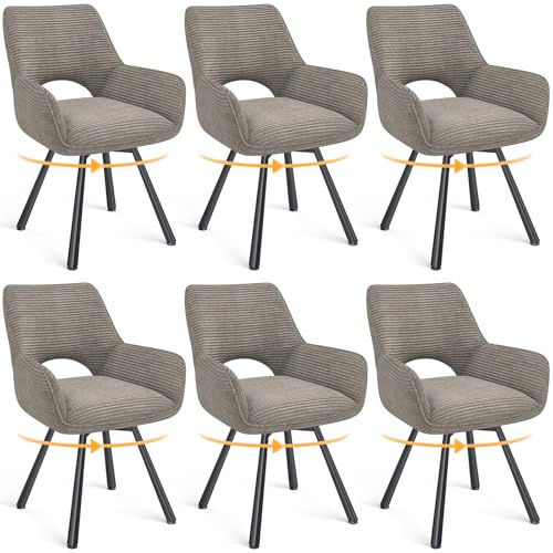 WAFTING Esszimmerstühle 6er Set Drehbar 360°,Armlehnstuhl,Küchenstuhl,Taupe | Metallbeinen,Cord Stoff,Küchenstühle,Wohnzimmerstuhl,Polsterstuhl mit Samt,Esszimmer,Restaurant,Schlafzimmer,Konferenzraum