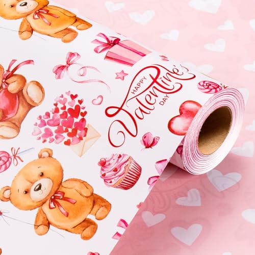 Wikadlik Bezaubernde Bären-Geschenkpapierrolle - 43 cm x 10 m Rosa Schleife und Herz-Design Geschenkpapier für Valentinstag, Jubiläen, Muttertag & Hochzeiten