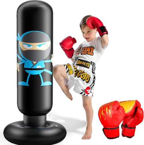 Saco de Boxeo Niños con Guantes de Boxeo 165cm Ninja Saco de Boxeo para Niños 3-12 Material Grueso Set de Boxeo para Juego Activo y Alivio del Estrés Regalo para Niños Niñas (Negro)