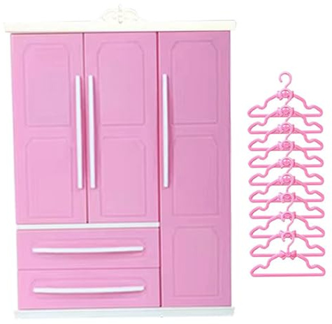 Nuiorfty Puppenschrank 3 Türen 2 Schubladen Puppenhaus-Kleiderschrank 7 x 10 x 3 Puppenhausmöbel mit 10 Kleiderbügeln DIY-freundliche Miniaturen für die Aufbewahrung von Puppenkleidung