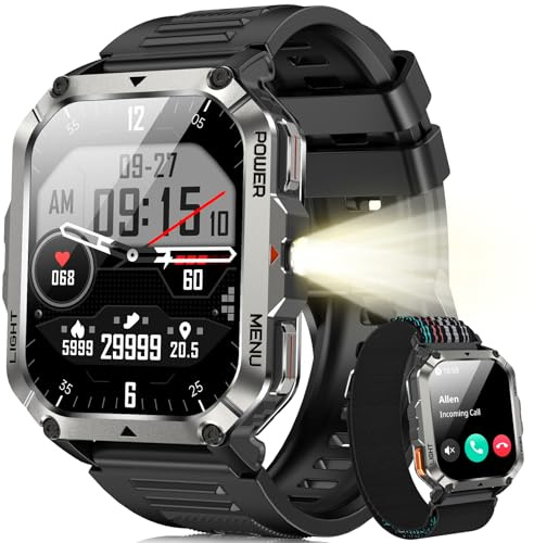 Blackview Military Smart Watch for Men Outdoor Adventure | 100-Day Ultra-Long Battery | LED Torch & Compass | Bluetooth Calls | 24/7 Health Monitor | 150+ Sport Modes | IP68 Waterproof for iOS Android