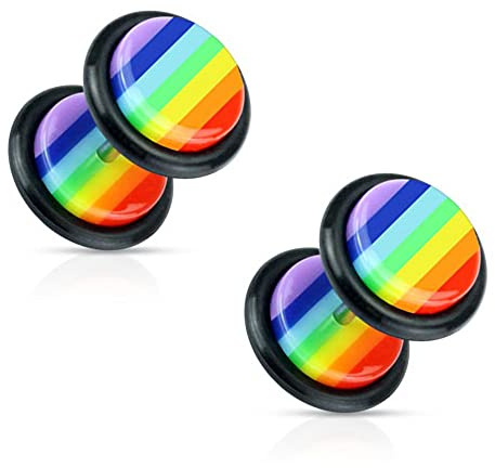 Pierced Owl 16GA Rainbow Striped Gay Pride Fake Cheater Plugs Earrings, Sold as a Pair
