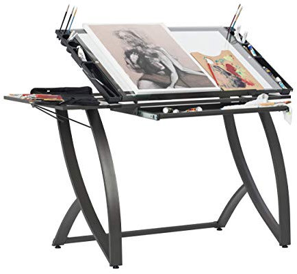 SD STUDIO DESIGNS Futura Luxe - Mesa de dibujo y manualidades con cajón, gran angular ajustable en la parte superior y estante lateral de 35 pulgadas, peltre gris/vidrio transparente