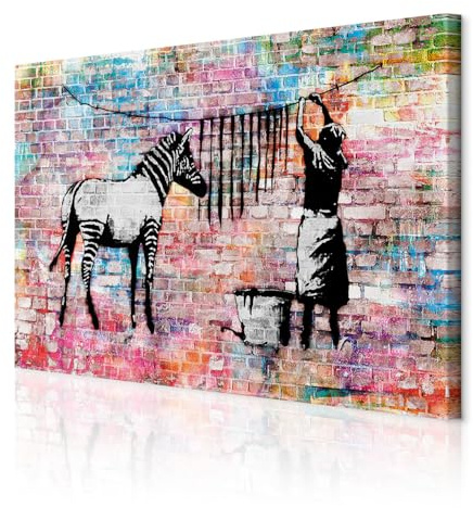 decomonkey Bilder Banksy 120x80 cm 1 Teilig Leinwandbilder Wandbild Zebra | Strukturleinwand, Holzkeilrahmen, Bild auf Leinwand, Kunstdruck, Wanddeko, Wohnzimmer, Wanddekoration, Street Art, Graffiti